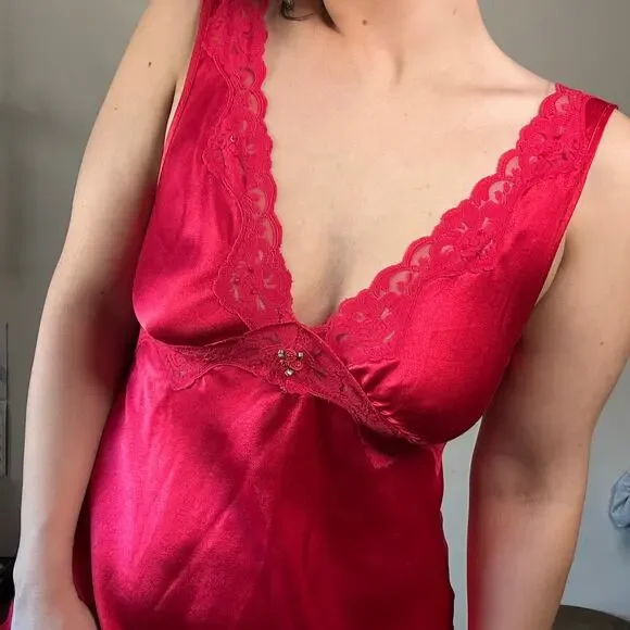Vintage California Dynasty Red Satin Lace Lingerie Slip Dress w/ Leg Slit Sz S - Picture 3 of 10